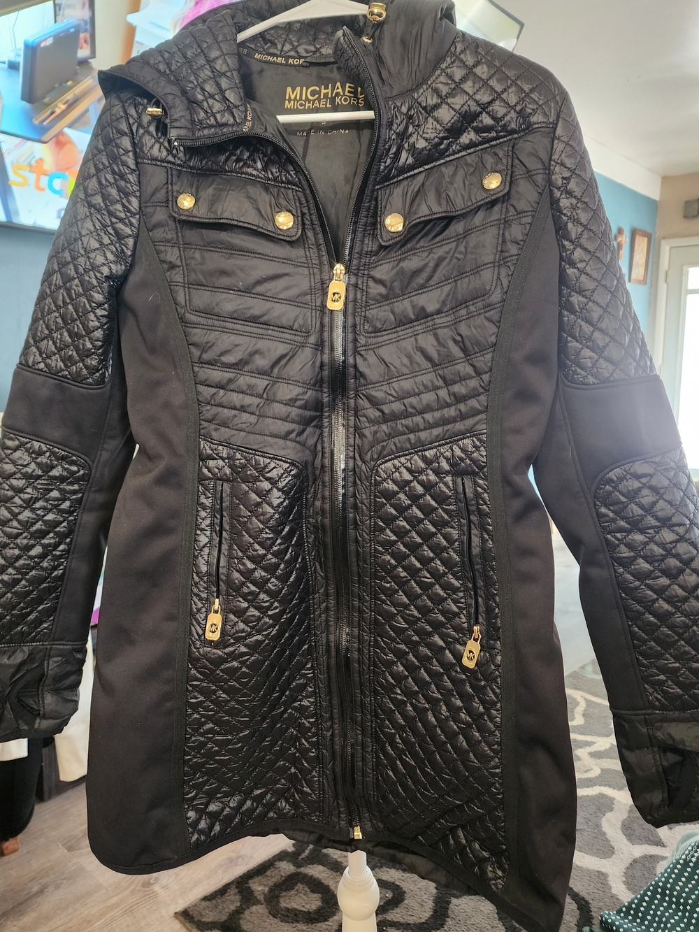 Michael Kors Women's Black Quilted Long Jacket Sz Small